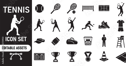 Set of tennis sport icons and equipment silhouettes