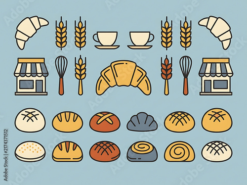 Comprehensive bakery icon set with bread varieties wheat stems and coffee cups featuring outline design for culinary restaurant menu visual elements.