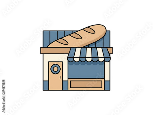 Flat vector illustration of charming blue bakery shop with large baguette on roof and striped awning suitable for local business website icons.