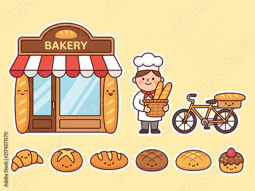 Cute cartoon bakery sticker set includes shop storefront baker character bicycle delivery and smiling bread varieties for playful food branding.