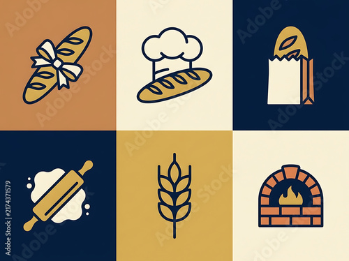 Collection of flat bakery icons in blue gold and cream color palette includes wheat stalk wood oven and bread packaging for food service marketing.