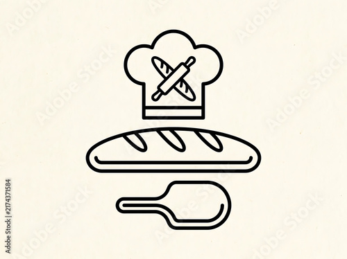 Minimalist black outline bakery logo features chef hat with crossed rolling pin and baguette icon set against cream background for pastry branding.