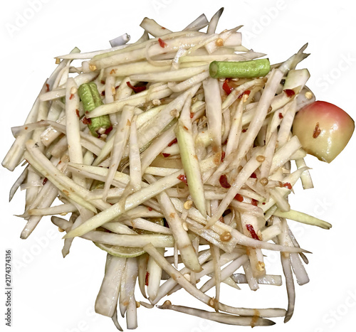 fresh green papaya salad, SOM TUM, Thai spicy green papaya salad Isolated on white background	