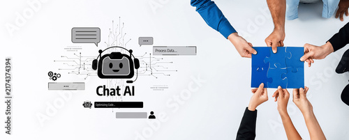 Konstfotografi Hands join together to work on a puzzle, symbolizing teamwork and collaboration alongside Chat AI graphics, showcasing modern technology in a business environment