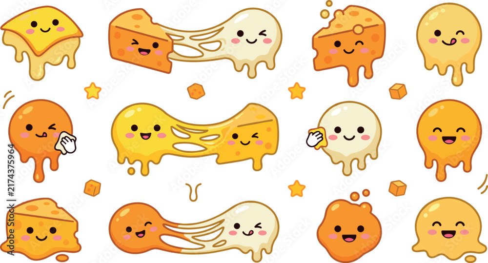 Fototapeta premium Kawaii cheese vector collection featuring cute cartoon mozzarella blocks and melted cheddar characters with stretchy strings and smiling faces on white background