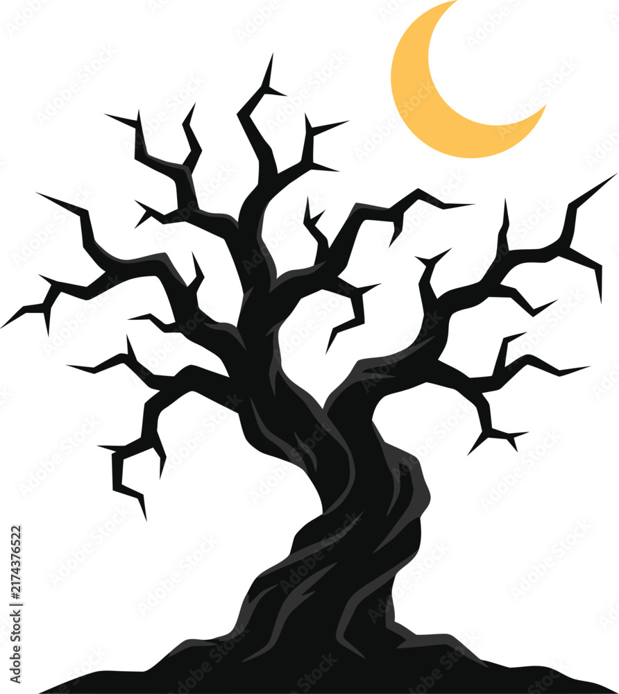 Obraz premium Spooky Halloween dead tree silhouette with crescent night moon vector