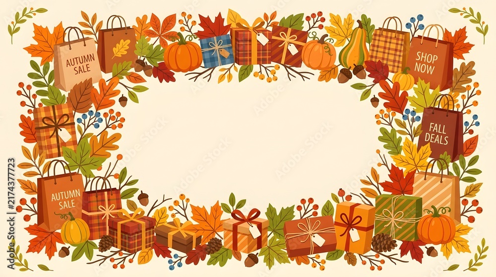 Fototapeta premium Autumn harvest festival frame with shopping bags, gift boxes, and pumpkins