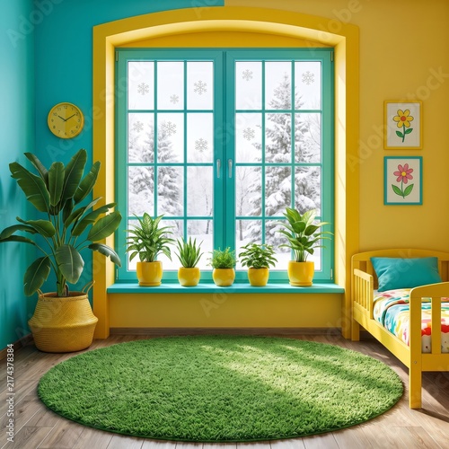 Bright and lively bedroom decor with green plants and colorful window design elements