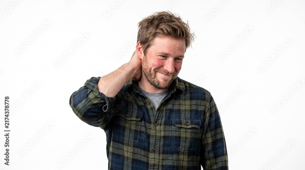 Naklejka premium Man with flushed cheeks and hand on neck looking embarrassed, white background