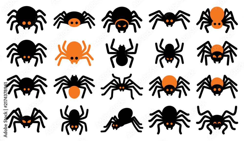 Fototapeta premium A collection of various spooky halloween spider vector icons isolated on a white background for design projects