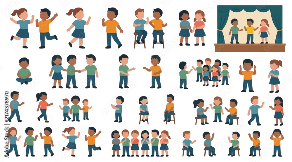 Fototapeta premium Diverse group of cartoon children characters in various poses vector illustration