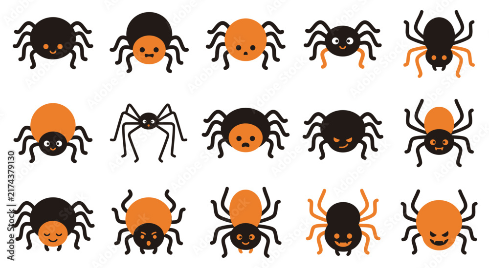 Fototapeta premium A collection of cute cartoon halloween spider vector icons isolated on a white background for festive holiday designs