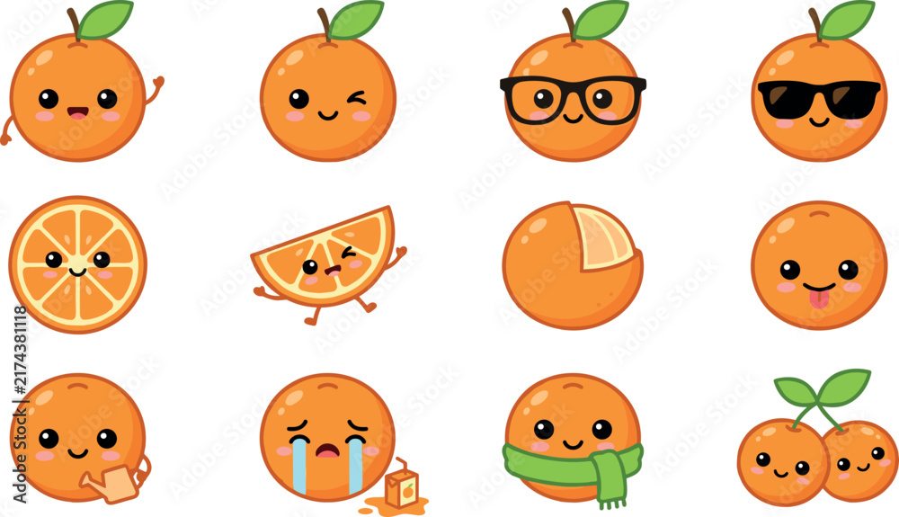 Obraz premium Kawaii orange fruit character vector set featuring cute cartoon citrus slices whole oranges with glasses sunglasses juice box and happy emotional expressions