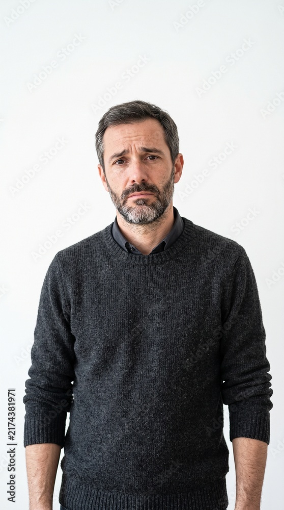 Obraz premium Man with a disappointed expression and a beard wearing a dark sweater, white background