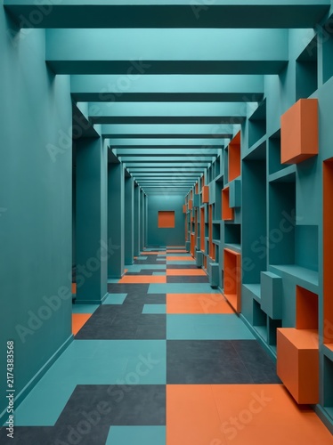 Bright geometric corridor featuring teal and orange tones with modern design features