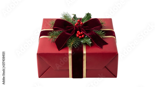 Elegant red christmas gift box with velvet bow and holly berries isolated as a high quality christmas png