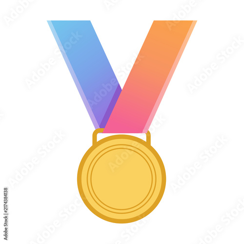 Gold medal with rainbow ribbon on a white background