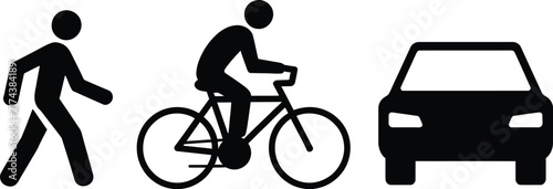 Black silhouette icons of a pedestrian walking, a person riding a bicycle, and a car driving, representing road safety and transportation on white background