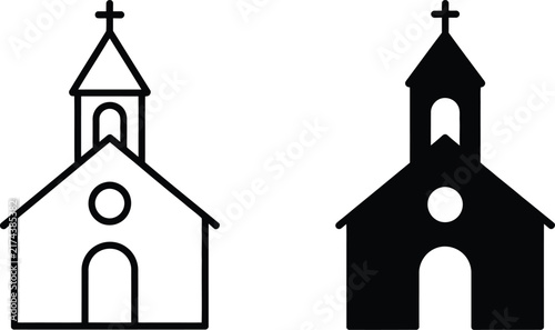 Two church building icons, one in outline style and one in solid black silhouette, featuring a cross on the steeple, isolated on a white background
