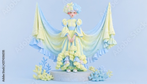 Whimsical doll in pastel yellow and blue gown with flowing fabric against a soft blue backdrop