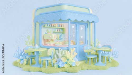 Whimsical pastel bakery storefront with outdoor seating during soft diffused lighting