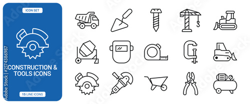 Set of 15 construction and tools line icons including dump truck, trowel, screw, crane, bulldozer, cement mixer, welding mask, tape measure, clamp, excavator, circular saw, angle grinder, wheelbarrow