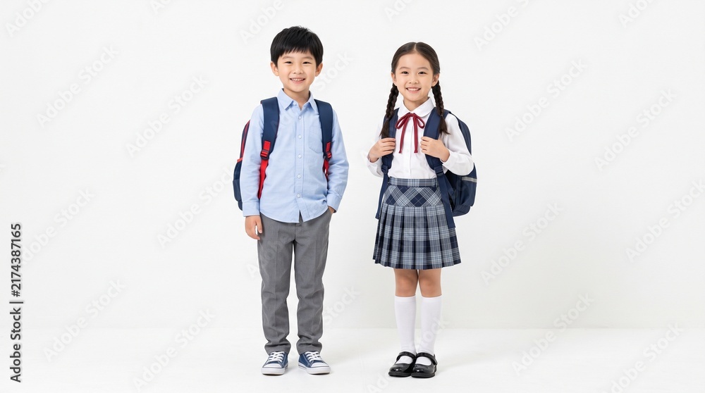 Fototapeta premium Commercial studio stock photo of happy young Asian schoolboy and schoolgirl in neat uniforms wearing backpacks isolated on a white background.