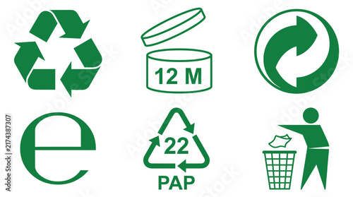 green recycling and packaging symbols for product labeling and waste management instruction