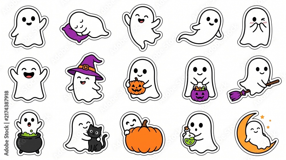 Fototapeta premium Set of cute Halloween ghost and spooky spirit photos with white borders