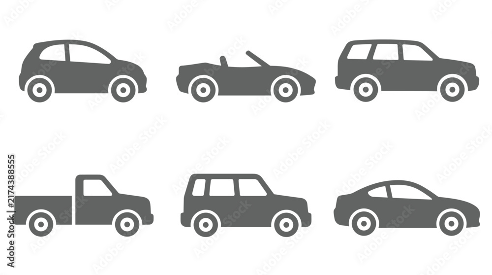 Naklejka premium Set of grey vehicle icons showing sedan convertible suv pickup truck and hatchback silhouettes