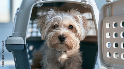 Small dog sitting comfortably in a plastic pet carrier indoors  