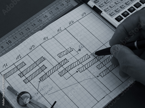 Drawing Gantt chart manually on grid paper for project planning