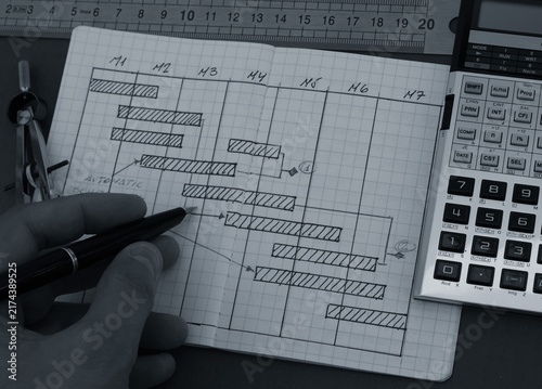 Drawing Gantt chart manually on grid paper for project planning