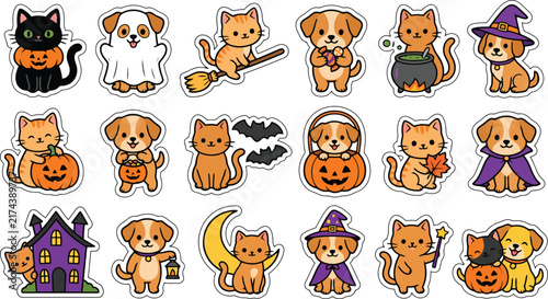 Set of cute kawaii style halloween stickers featuring adorable puppies and kittens in festive costumes and spooky decorations