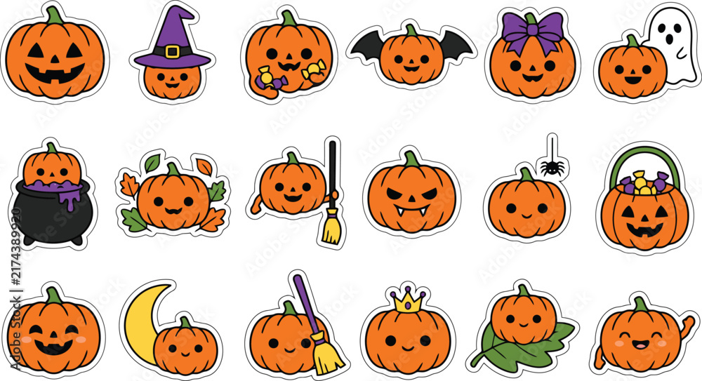 Fototapeta premium Set of cute hand drawn halloween pumpkin characters with various accessories and expressions on a white background