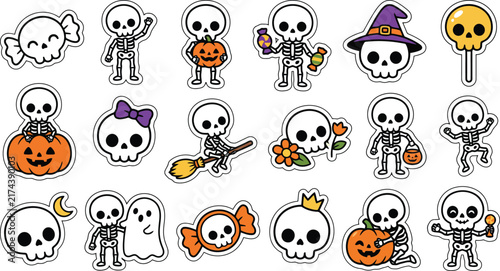 Set of cute kawaii skeleton stickers for halloween with pumpkins ghosts and candy on white background
