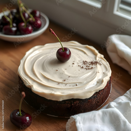 Smooth Chocolate Cake with Red Cherry Accents