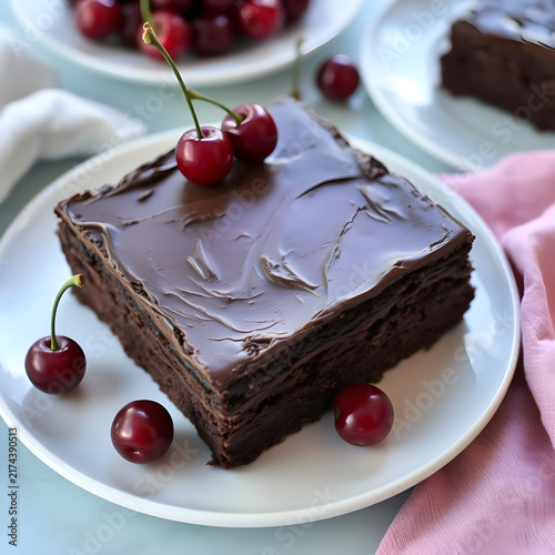 Luxurious Chocolate Cake with a Few Fresh Cherries