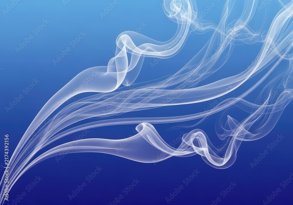 Obraz premium Elegant wispy smoke trails flow gracefully across a smooth sapphire blue gradient background creating a minimalist and serene artistic pattern, atmospheric, serene, breeze