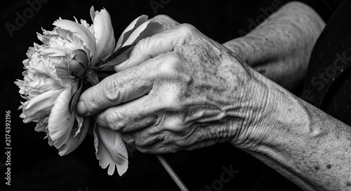 Black-and-white close-up of an old woman's hand clasping a wilted peony, high-contrast texture
