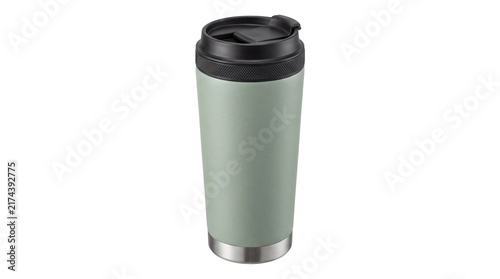 Obraz na plátně Sage green reusable coffee tumbler, insulated stainless steel travel mug with bl