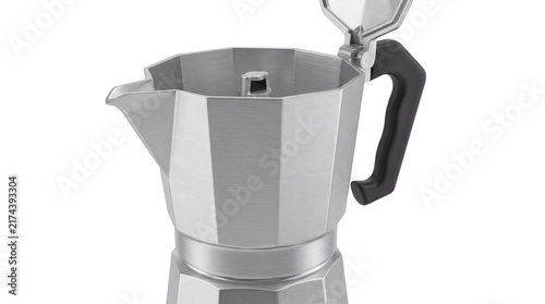Foto Classic aluminum moka pot with open lid, silver espresso maker for stovetop brew
