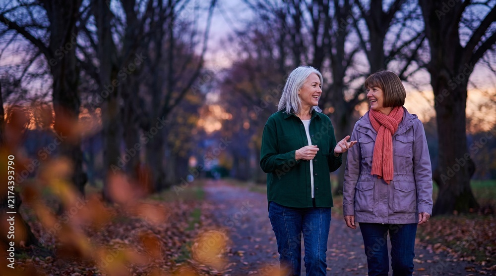 Naklejka premium Mature friends walking together on a twilight path
