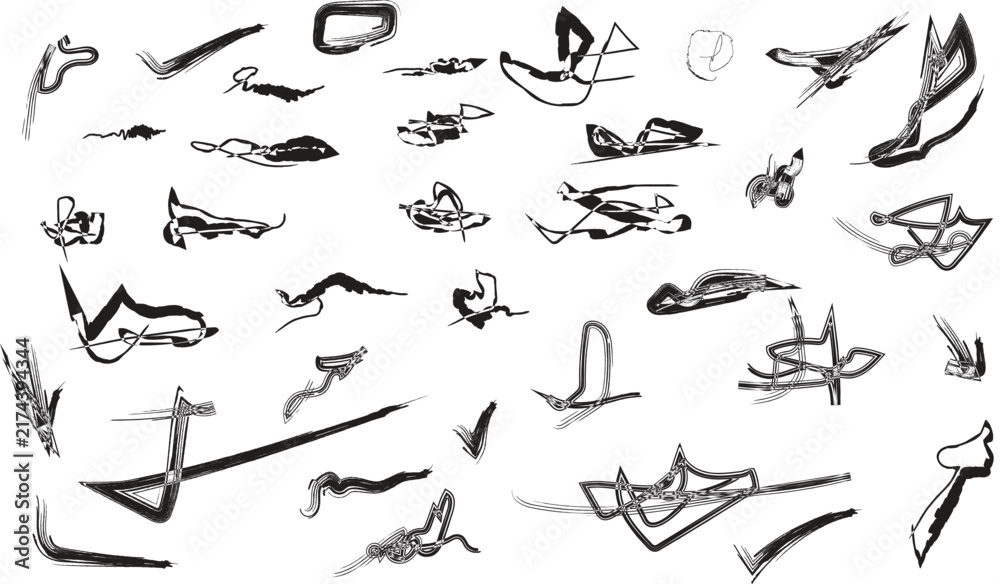 Obraz premium Collection of stylized sword sketches rendered in black ink on a white background: blade cutlass, sabre, scimitar, rapier