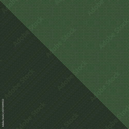 Diagonal split divides a green textured fabric background into two distinct sections.