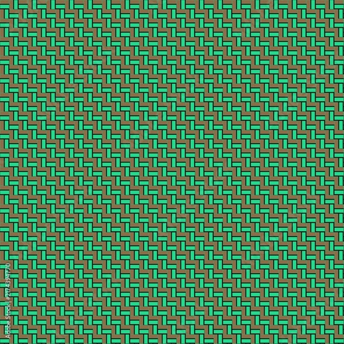 Green woven pattern presenting an intricate layout of small rectangular elements repeating uniformly across the surface.
