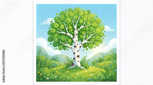 Birch tree in a sunny green meadow with flowers illustration