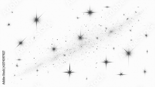 Abstract halftone pattern with glowing star shapes made of tiny black dots on white background