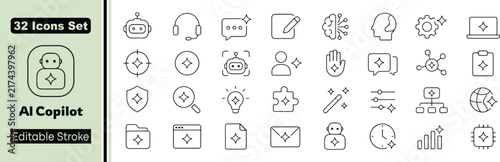 32 AI Copilot Vector Outline Icons Set – Artificial Intelligence, Smart Assistant, Chatbot, Automation, Neural Network and Digital Technology Line Symbols Collection
