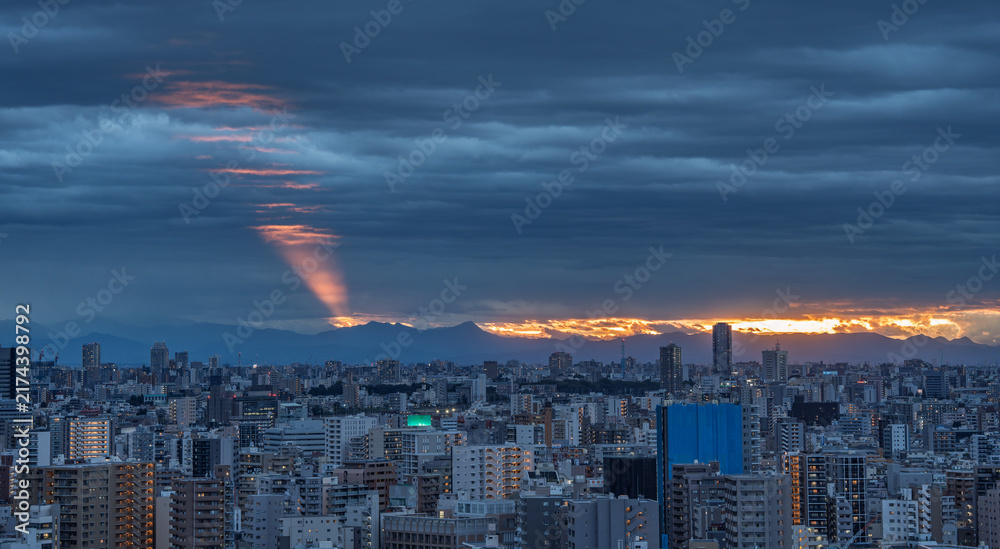 Fototapeta premium Wide Tokyo City Panorama Beneath Dark Clouds at Sunset